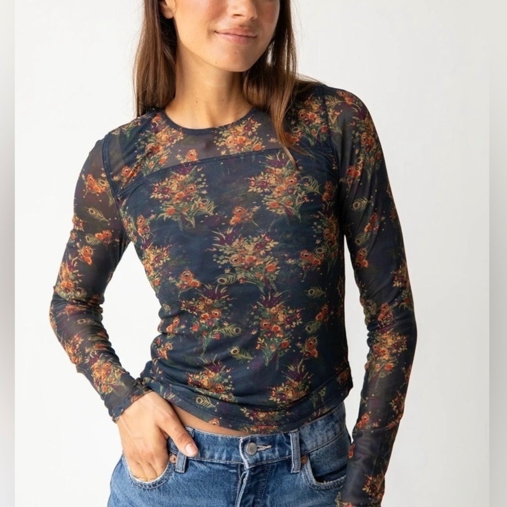 New Natural Life Navy Blue Sloane Floral Bouquet Peacock Mesh Top Large